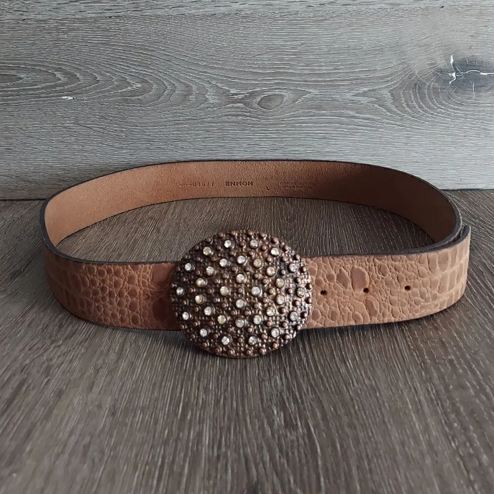 ENMON Brown Embossed Alligator Design Leather Belt Rhinestone Buckle Large
